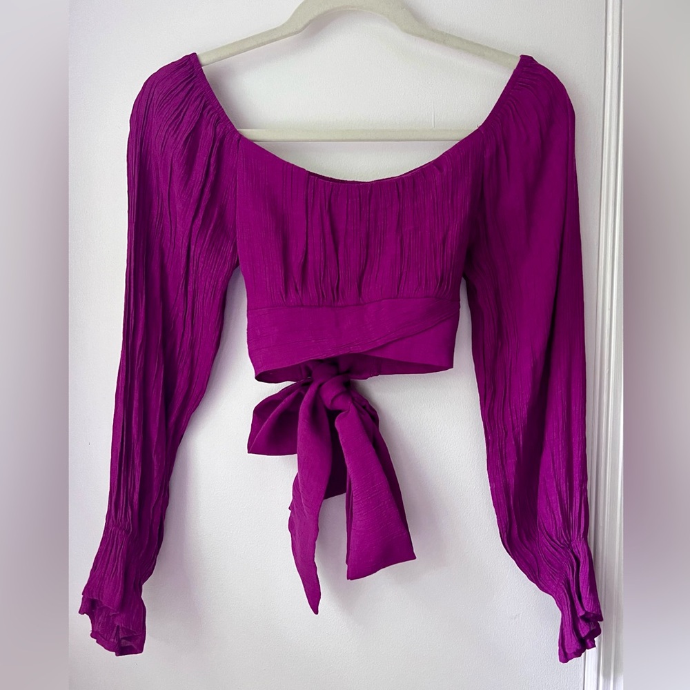 Square Neck Flounce Sleeve Tie Back Crop Blouse, Size M